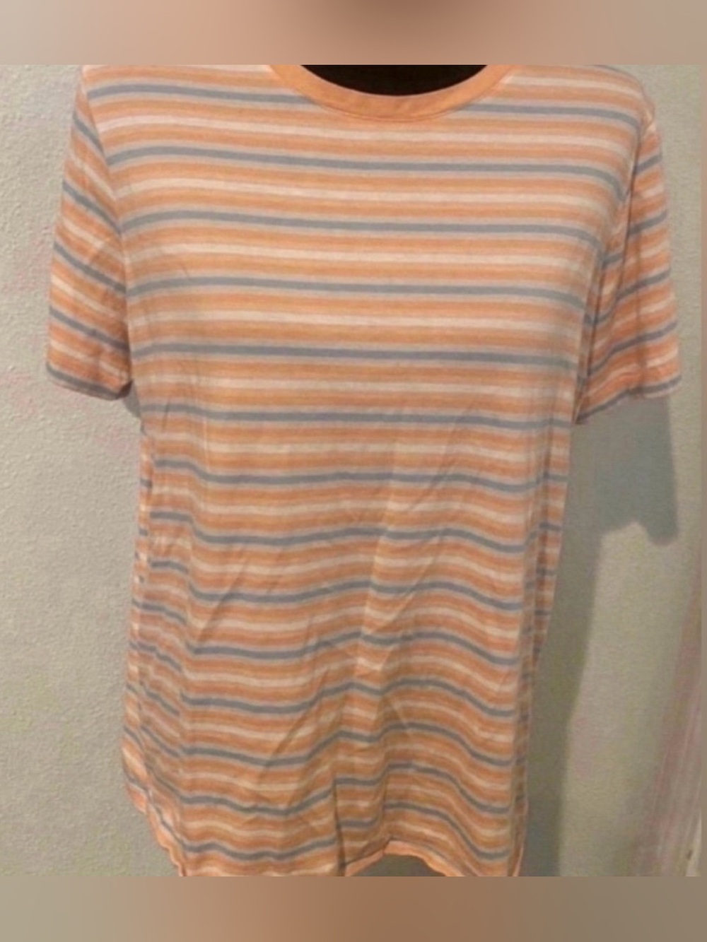 Women’s Striped Short Sleeve Tee in Peach and Light Blue (Size L)